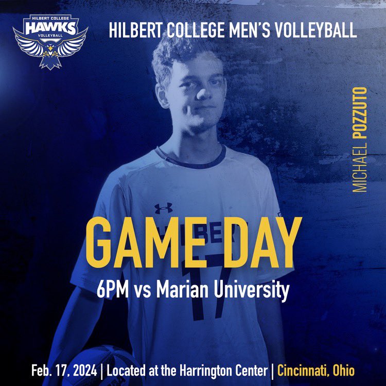 The birds are off to Cincinnati for three matches at Mount St. Joseph University! Tonight at 6pm, the Hawks take on Marian! Tune in online! 💙🤍💛🩶🖤 #rollbirds #hawkyeah #hawks #volleyball #hilbert #hilbertcollege #hilbertcollegeathletics #mensvolleyball