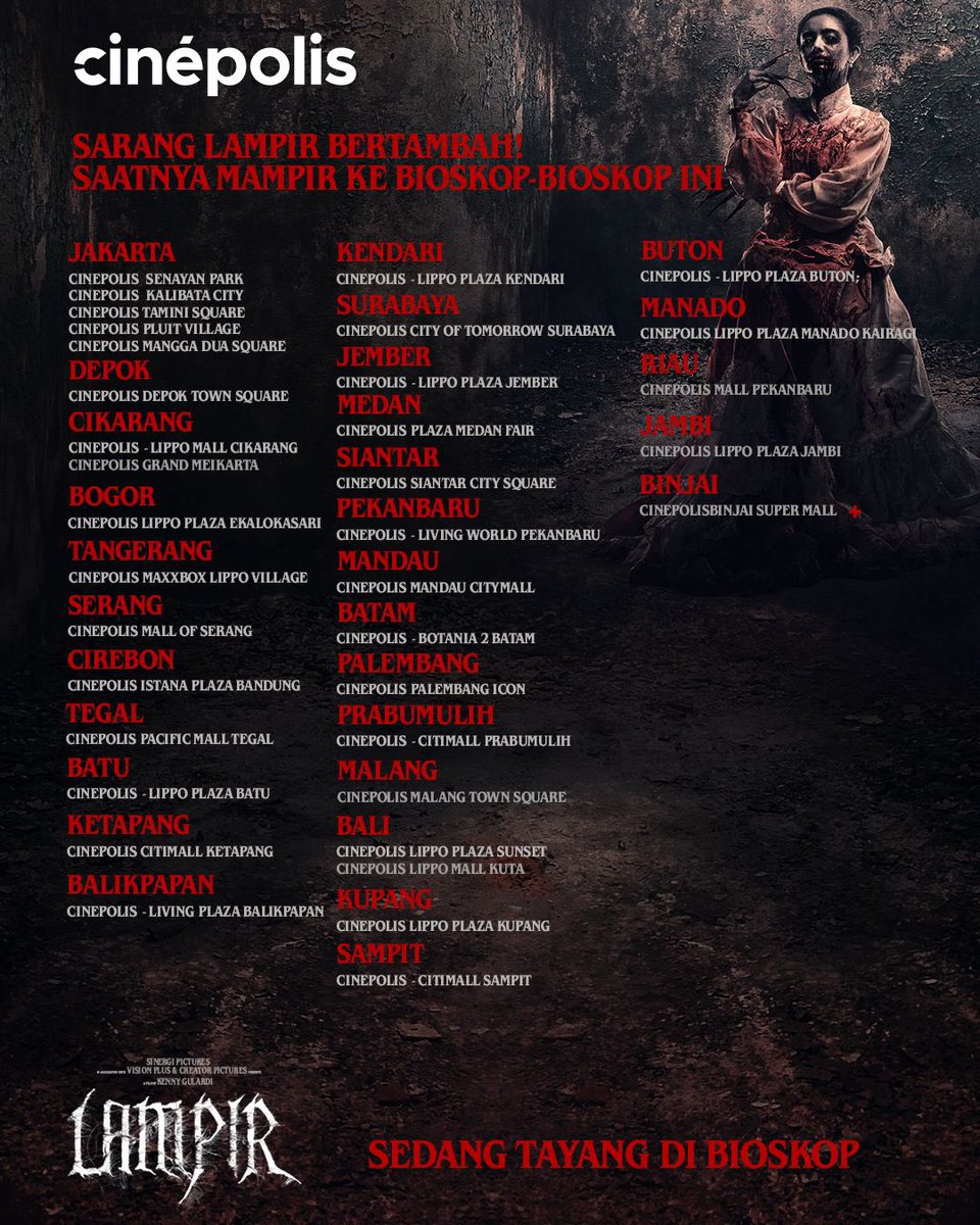 cinepolisID's tweet photo. SARANG LAMPIR TAMBAH LAYAR! 👻👻

Yang belum #MampirKeSarangLampir, ini saat yang tepat buat nonton #FilmLampir di Cinépolis Cinemas. 

Beli tiketnya sekarang di website dan aplikasi Cinépolis Indonesia. 

#CinepolisID https://t.co/gdBTZg1Yau