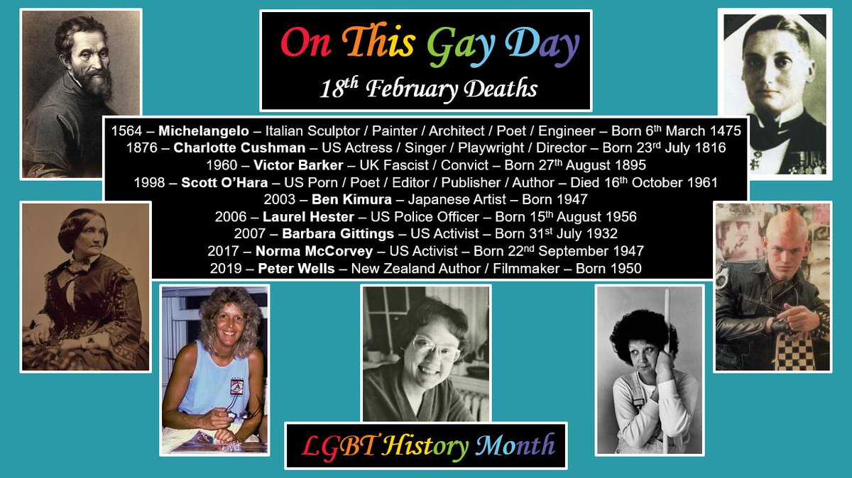 Here's the #LGBTQIA+ people who died on 18th February
#LGBTHistoryMonth #LGBTHistory #QueerHistory #LGBTQ #LGBT 
I'm always happy to expand my database, so if I've missed anyone, please let me know
I've omitted some names where I couldn't confirm their correct date of birth/death