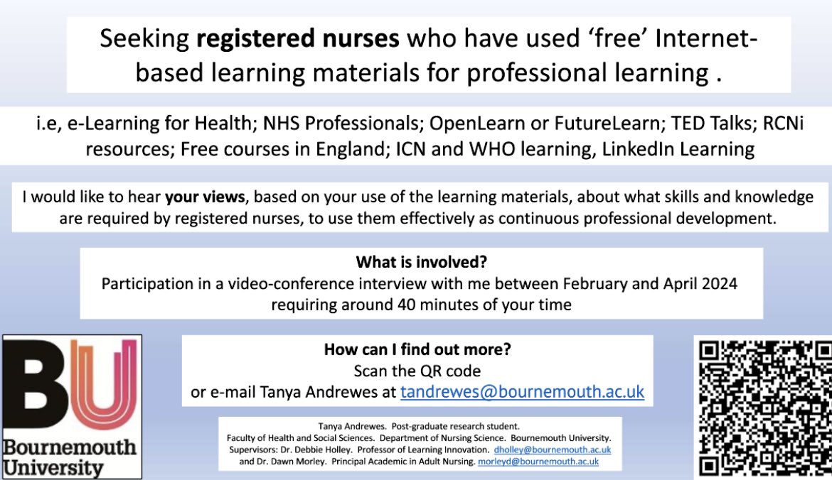 Seeking research participants. Are you a #RegisteredNurse who has used 'free' #InternetBasedLearning as #ContinuousProfessionalDevelopment? Can you share your views on what skills and knowledge are required for nurses to use them effectively. Scan👇for information. Please share