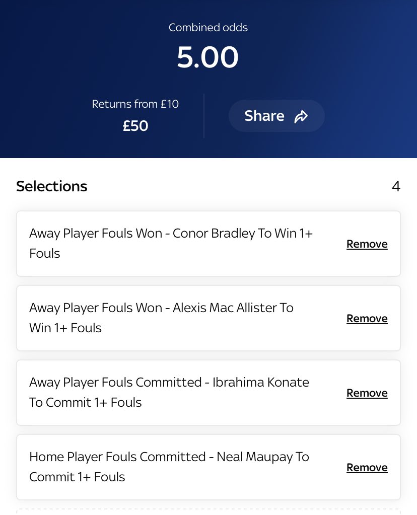 🐝 Brentford vs Liverpool 🔴

🧱 Bet Builder Tip with Sky Bet @ 5.00

- Mac Allister fouled in 9/10 away starts
- Bradley fouled in every match he’s started for #LFC 
- Konate has committed 2+ fouls in 5/6 away PL games
- Maupay has fouled in 5/7 home starts this season