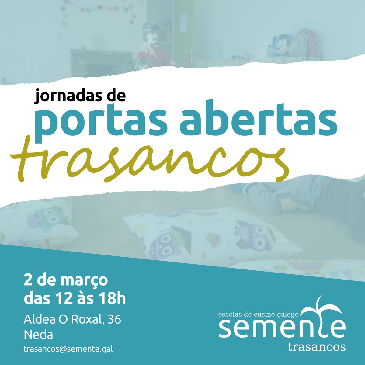 Se estás interessada em conhecer a escolinha, o 2 de março podes vir às portas abertas e respostaremos as tuas dúvidas.
Teremos também jantar e atividades para as crianças.

E se esse dia nom podes vir, contata-nos e procuraremos outra data 👇

📧 escola.trasancos@semente.gal