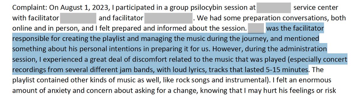 One of the official complaints about the Oregon psilocybin programme. Facilitator put too much Phish on the playlist. Think we can all sympathize with this one.