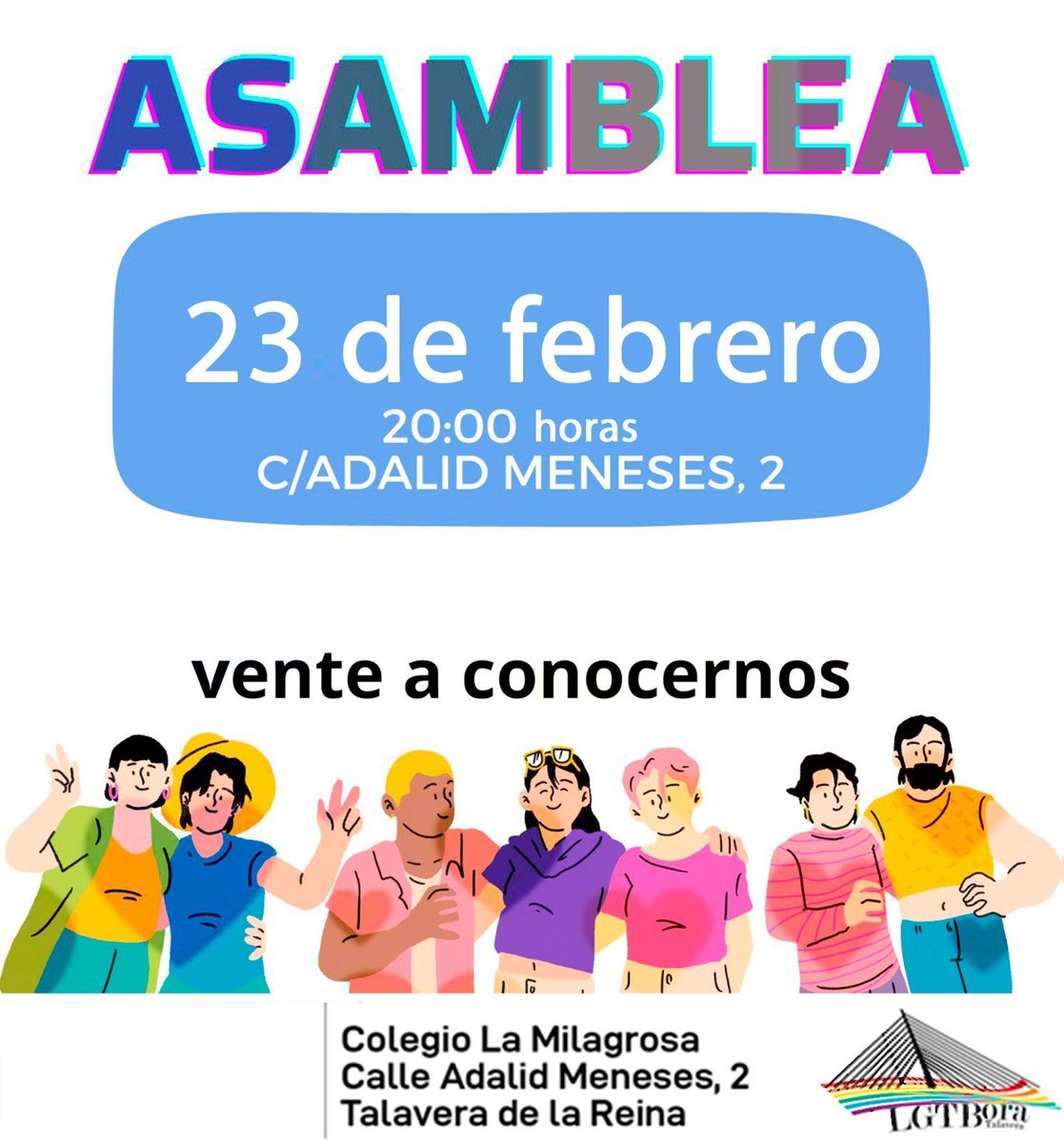 Este viernes 23 de febrero tendremos nuestra próxima asamblea abierta a las 20h en nuestra sede 🏳️‍🌈🏳️‍⚧️ 
Para todas aquellas personas que aún no nos conocéis es una buena oportunidad para conocer la asociación y ver cuáles son nuestras líneas de trabajo para los próximos meses 💪🏻😊