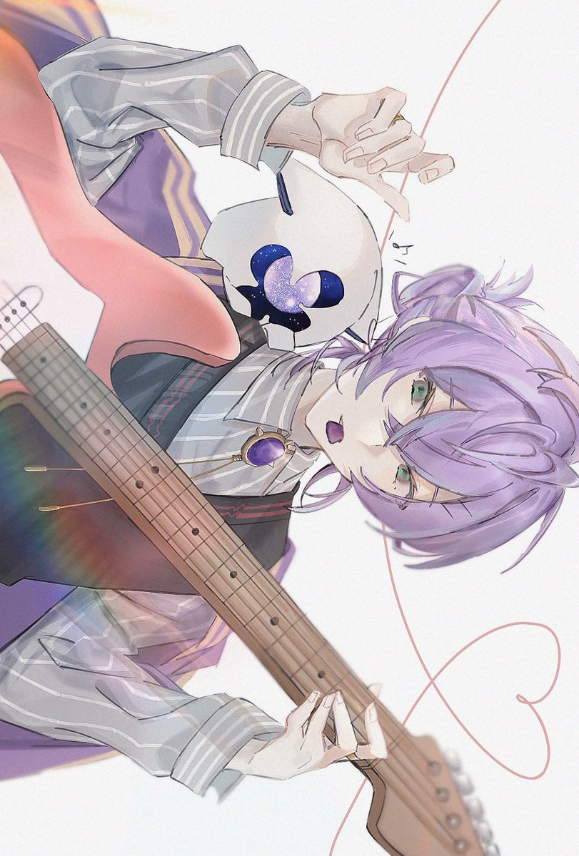 1boy purple hair male focus instrument guitar shirt holding instrument  illustration images