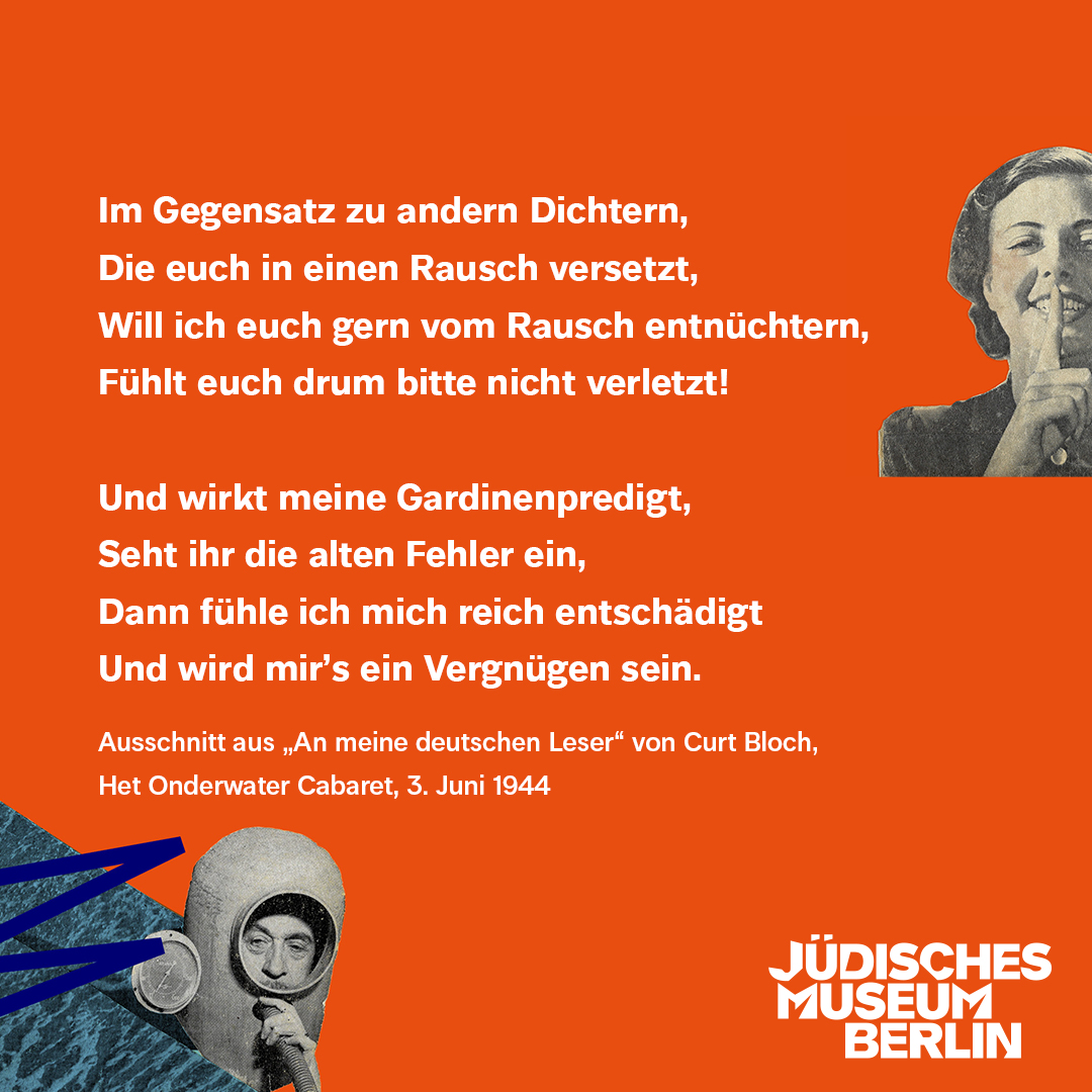 Mit beißender Ironie entlarvte #CurtBloch in 483 Gedichten, auf Niederländisch und Deutsch verfasst, die national­sozialistische Propa­ganda und stellte die Ungeheuer­lichkeit der faschistischen Gräueltaten dar. Einige Gedichte gibt es in der Ausstellung auch zum nachhören 🎧
