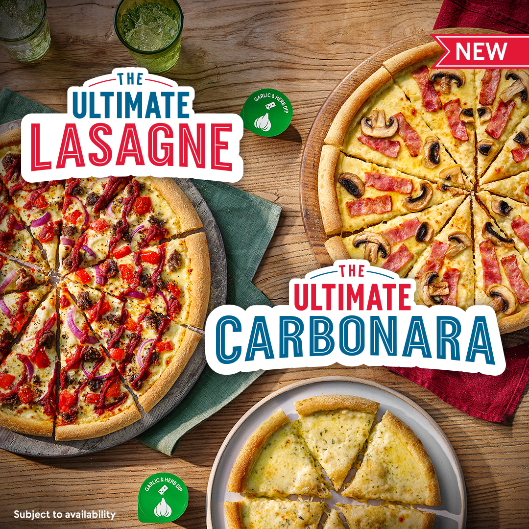 Give our LIMITED EDITION Ultimate Carbonara and Ultimate Lasagne a try today!

Get small for £8, medium for £10 or large for £12! 🍕👉 dominos.co.uk