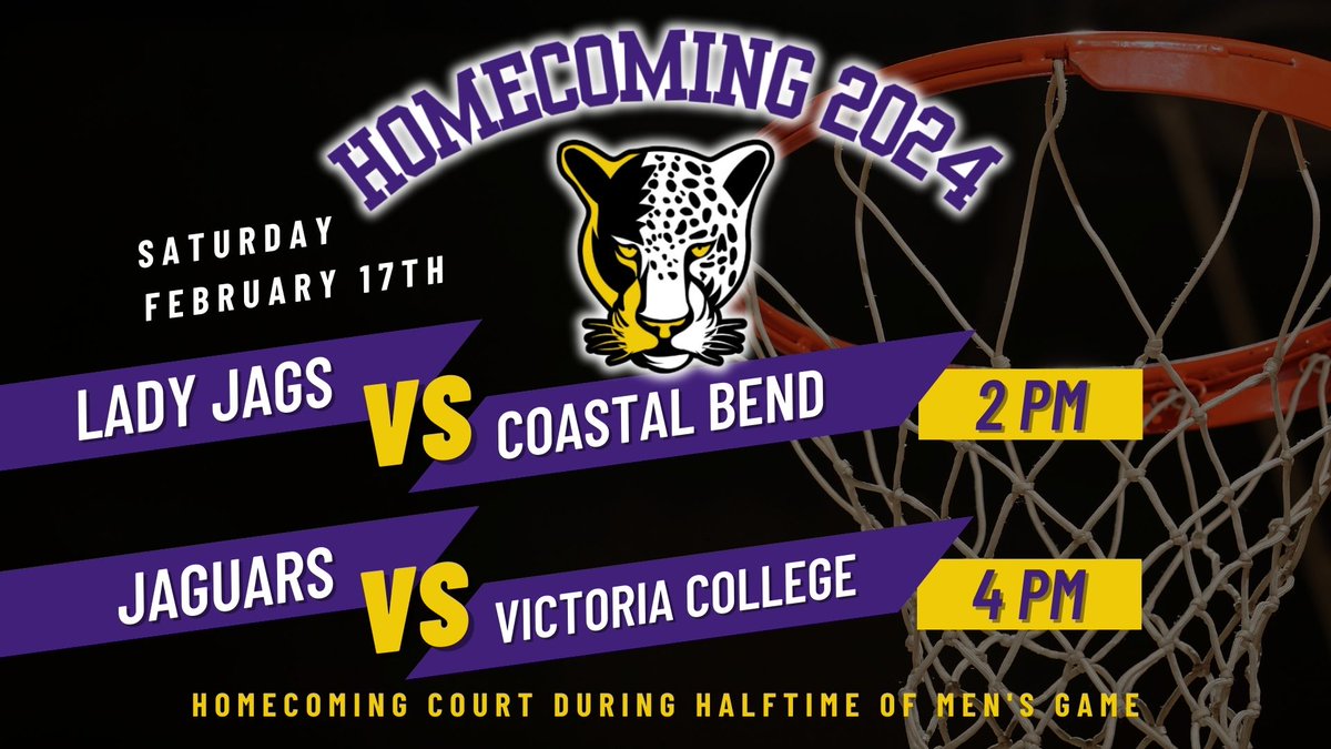 🏀 Join us today for a HOMECOMING DOUBLE HEADER...

🐆Lady Jags vs Coastal Bend @ 2 PM
🐆Jaguars vs Victoria College @ 4 PM

👑 The crowning of our Homecoming King &amp; Queen will take place during halftime of the men's game.

💜 Wear your PURPLE and GET LOUD. Go Jags!