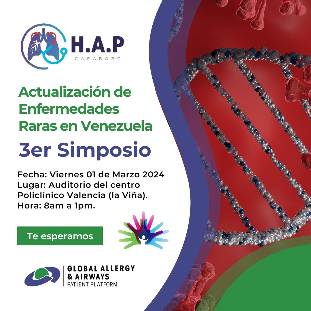 Mark your calendars! 📅 The 3rd Scientific Conference on Rare Diseases in Venezuela kicks off on March 1st, 2024. Join @HapCarabobo for a day of discovery and dialogue. 

#RareDiseases #3rdSimposium #SupportedByGAAPP