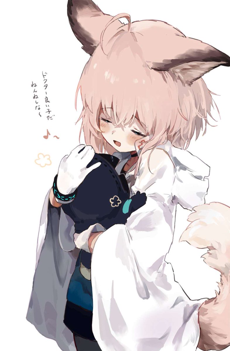 doctor (arknights) ,sussurro (arknights) 1girl tail animal ears gloves closed eyes fox tail ahoge  illustration images