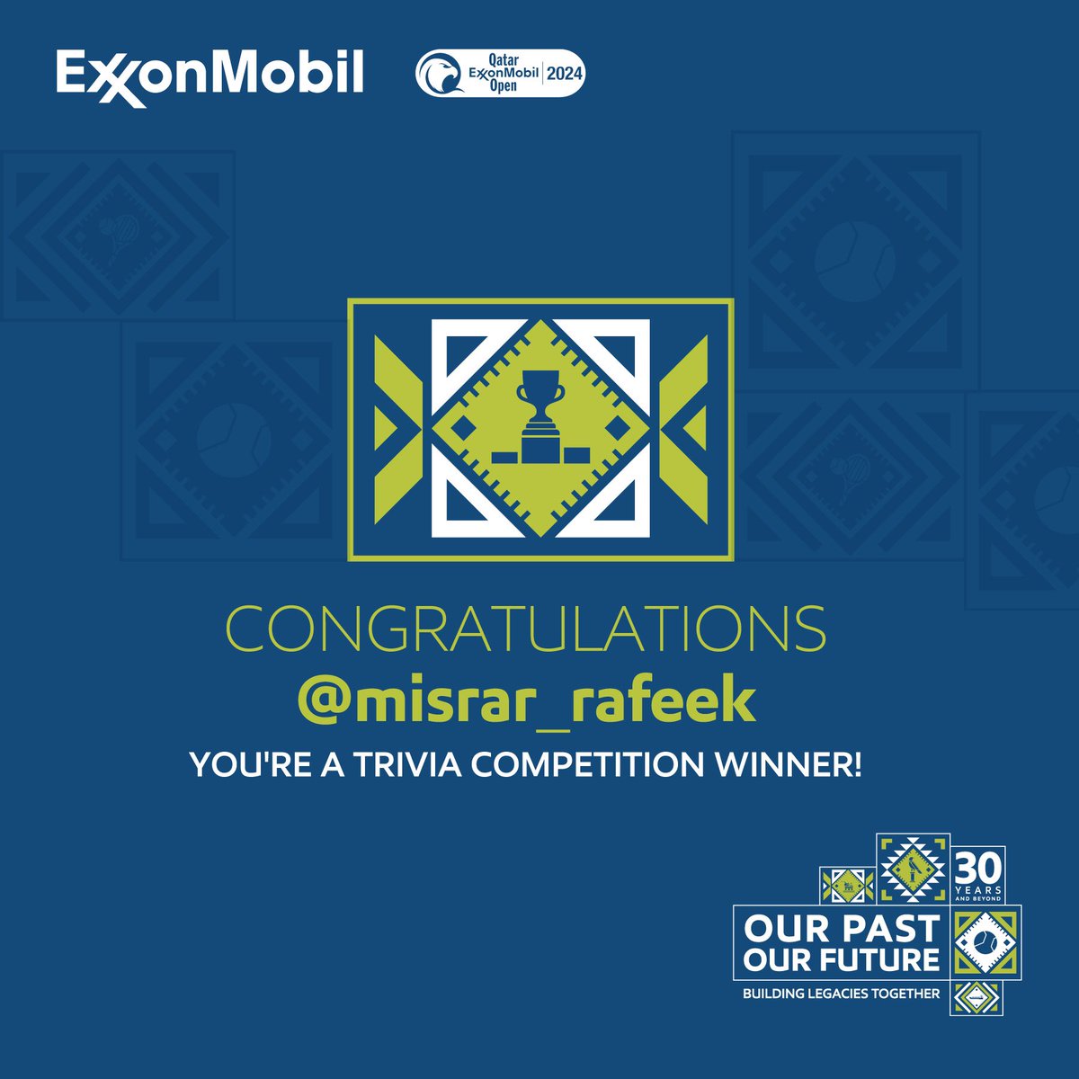 exxonmobil_qa's tweet photo. Congratulations @misrar_rafeek you're a trivia competition winner!
#OurPastOurFuture #BuildingLegaciesTogether #30AndBeyond https://t.co/XmOCxLusfx
