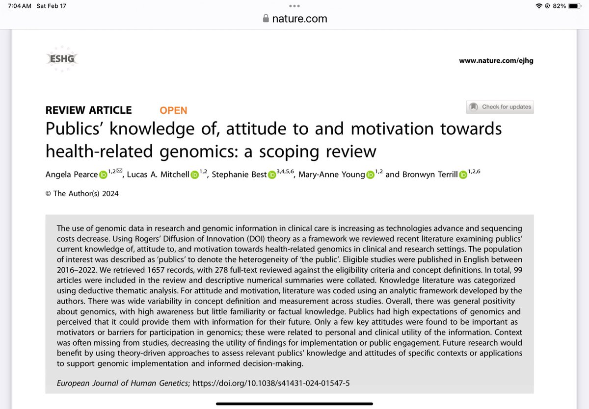 An informative scoping review on the publics knowledge, attitude and motivation towards health-related applications of genomics. Via @ejhg_journal nature.com/articles/s4143…