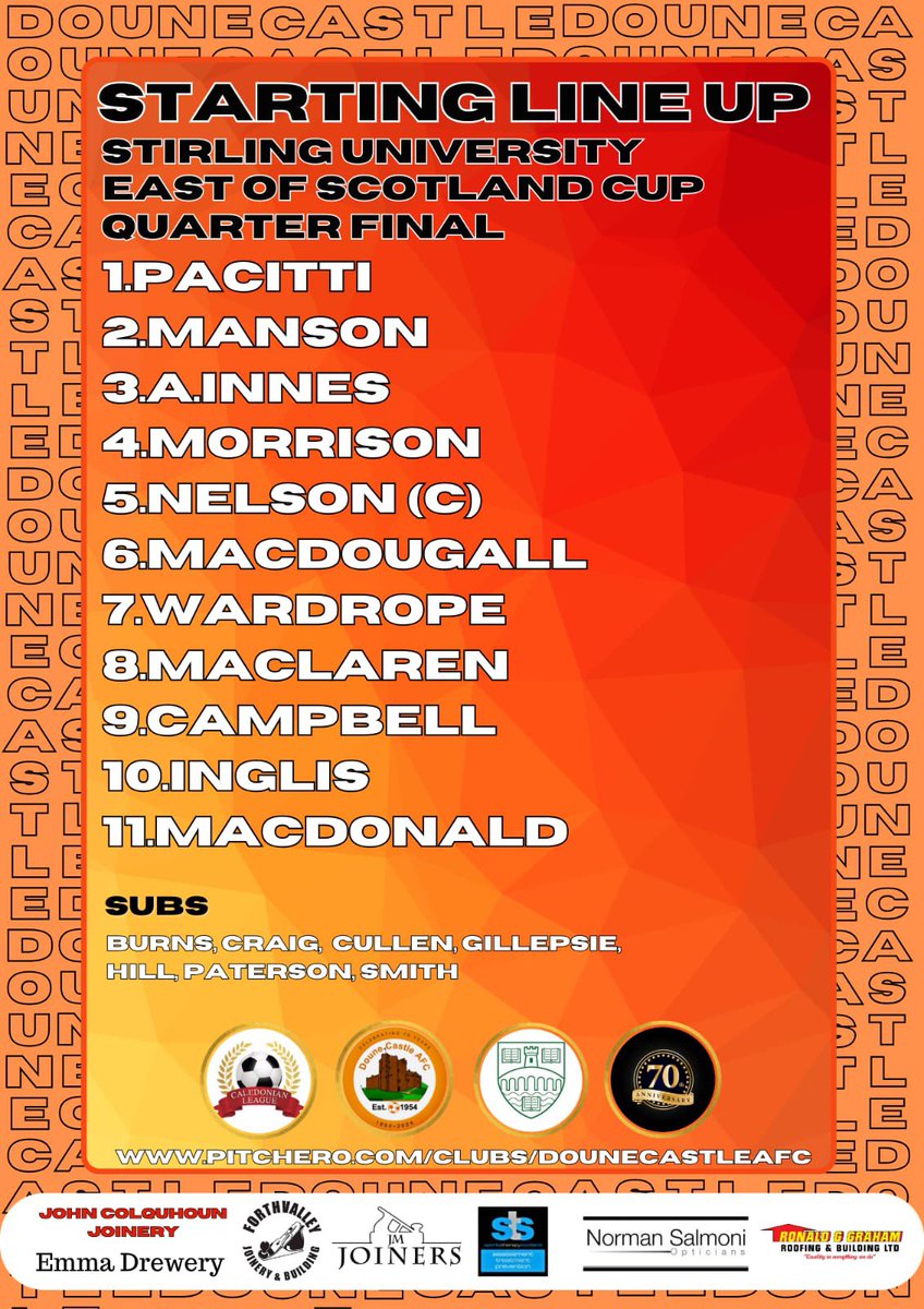 The Castle starting line-up for this afternoon’s East of Scotland Cup Quarter Final versus Stirling University at Moray Park. 🧡🖤🏰🖤🧡 @ScotAmFA @DreweryEmma @Normansalmoni @Joinery71 @sportstherapysc @RGGRoofing @scotfootfixs @CaledonianAFA @OnlySportLTD1