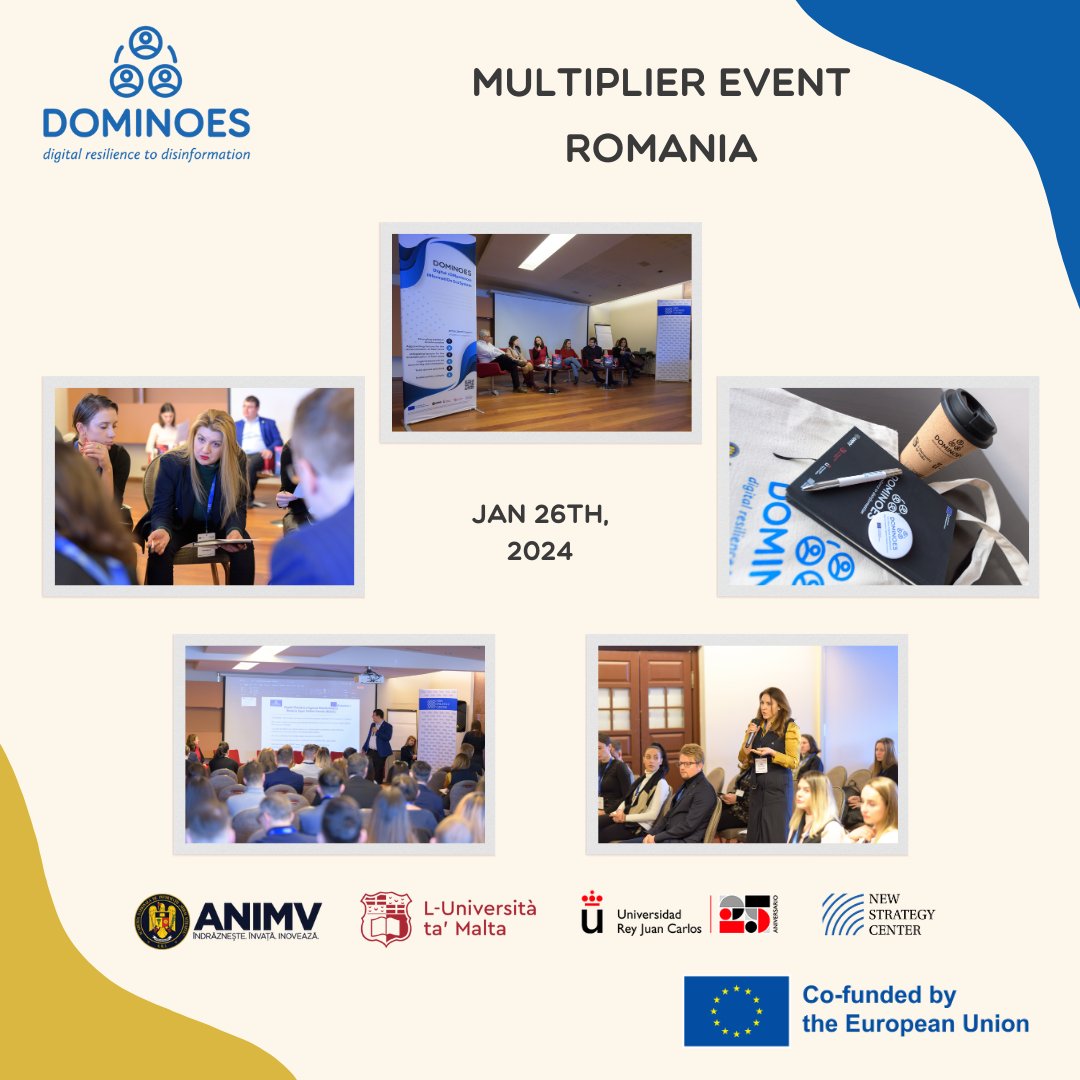 On January 26th, 2024, #NewStrategyCenter and ANIMV, hosted the final Multiplier Event for the #DOMINOESproject. Over 70 participants  discussed the Routledge Handbook of Disinformation and National Security and engaged in the exercise. More info: projectdominoes.eu/multiplier-eve…