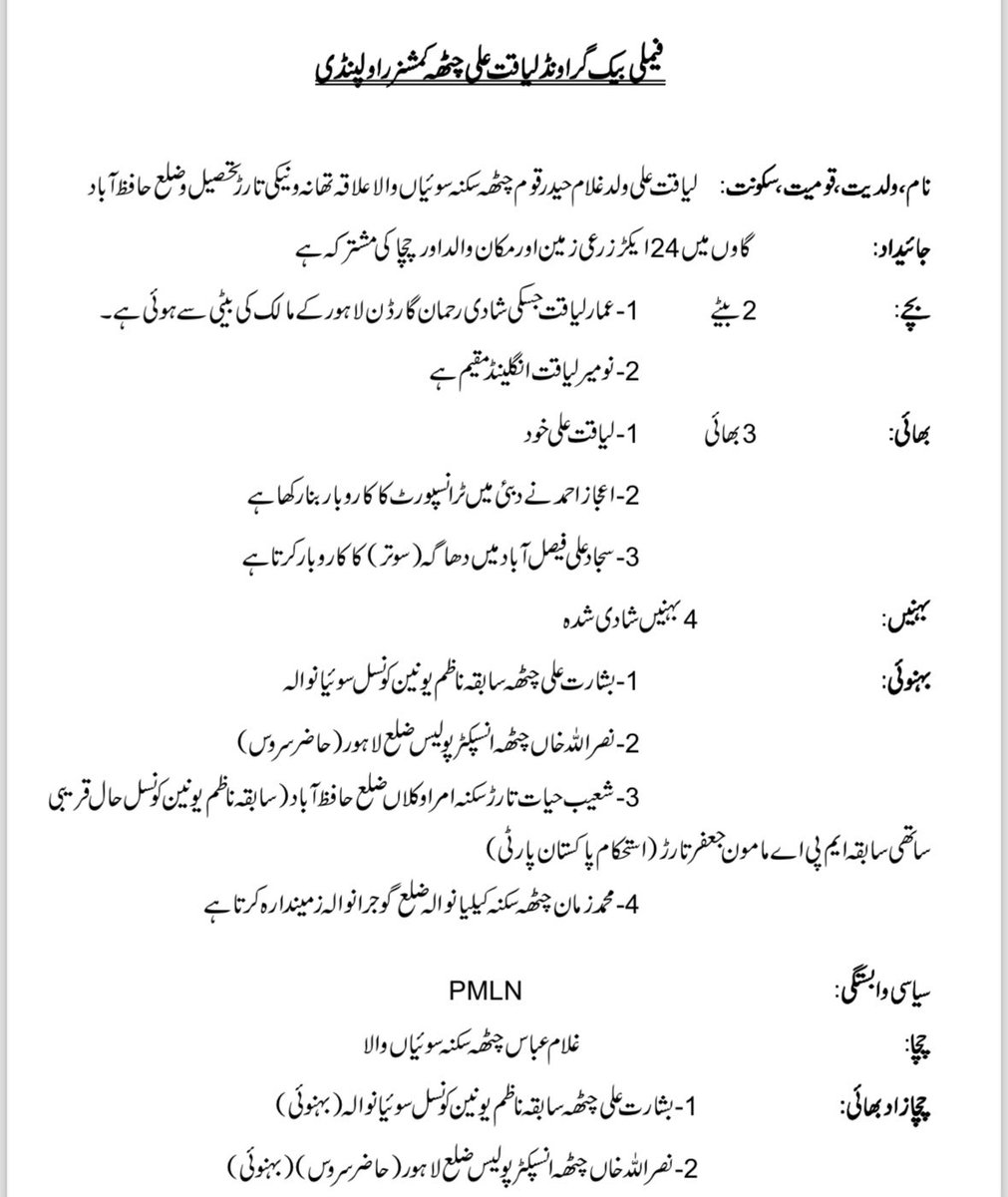لیاقت علی چٹھہ کے خاندان کے متعلق اعلیٰ حکام کو بھجوائی جانے والی رپورٹ کے مطابق انکے دو بیٹے ہیں اور وہ تین بھائی ہیں اسکے قریبی عزیزوں کا تعلق استحکام پاکستان پارٹی اور مسلم لیگ ن سے ہے