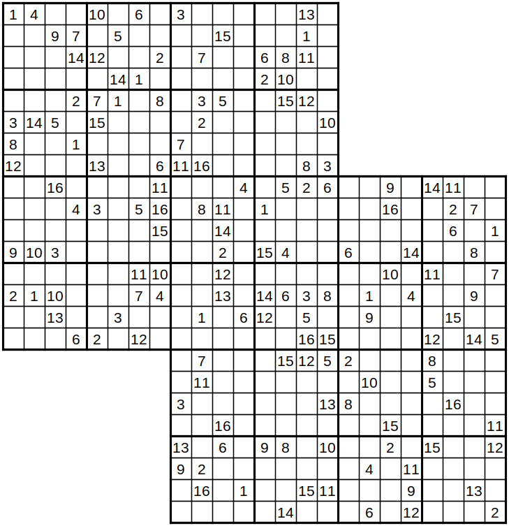 robakun2011's tweet photo. #数独 #sudoku #ナンプレ #numberplace
16x16・重ね合わせ問題です(*^^*)
基本的な解き方で解けます(^_-)❤️
#robakun https://t.co/SHre9XI68T