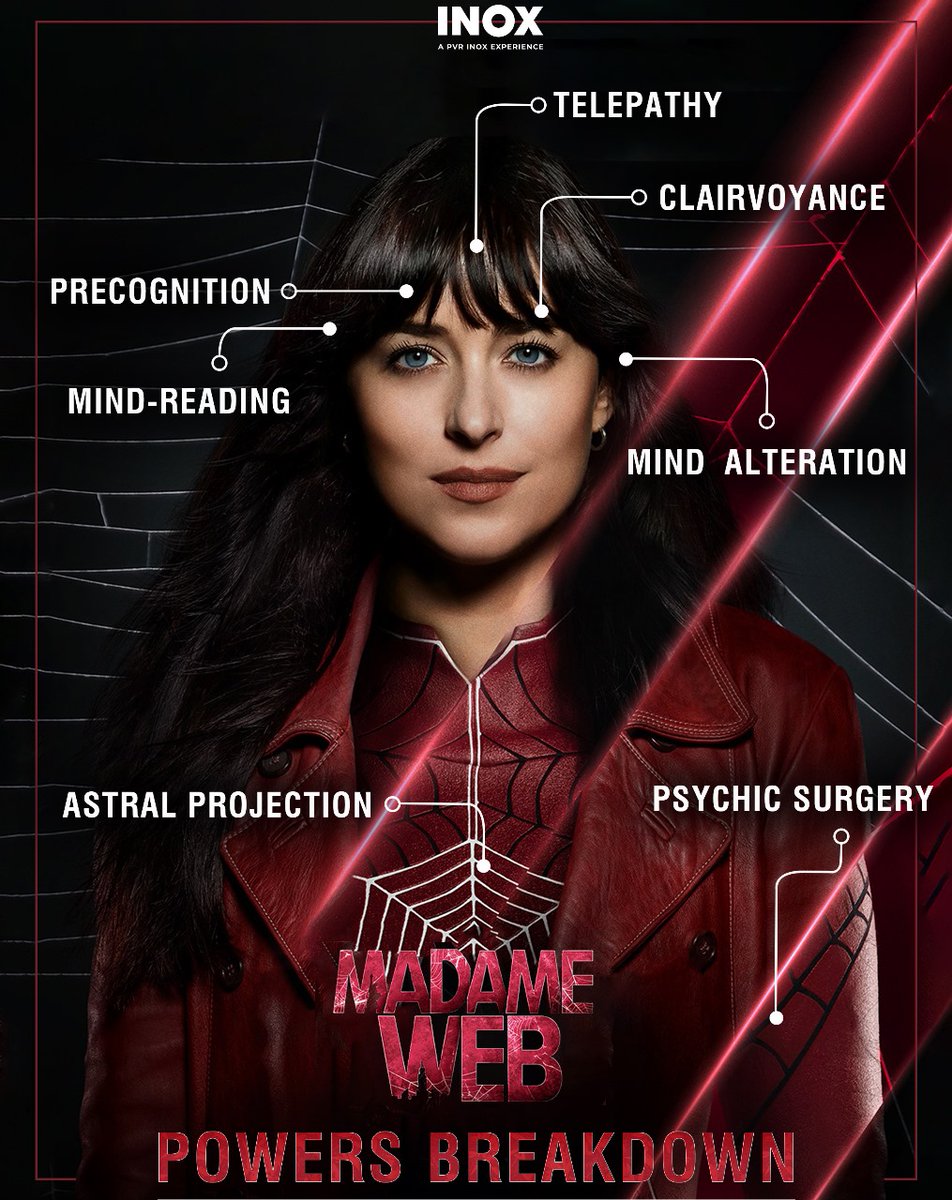 INOXMovies's tweet photo. Curious about Madame Web's powers? 🤔
.
Unlock the mystery as we dissect her extraordinary abilities! 🕸️✨
.
#MadameWeb at screening at #INOX.
Book tickets now: https://t.co/eglrRcZRZS
.
#MadameWeb #PowerBreakdown #INOXmovies #ActionMovie #SciFiMovie #Spiderwoman #DakotaJohnson https://t.co/YULBiZh37Q