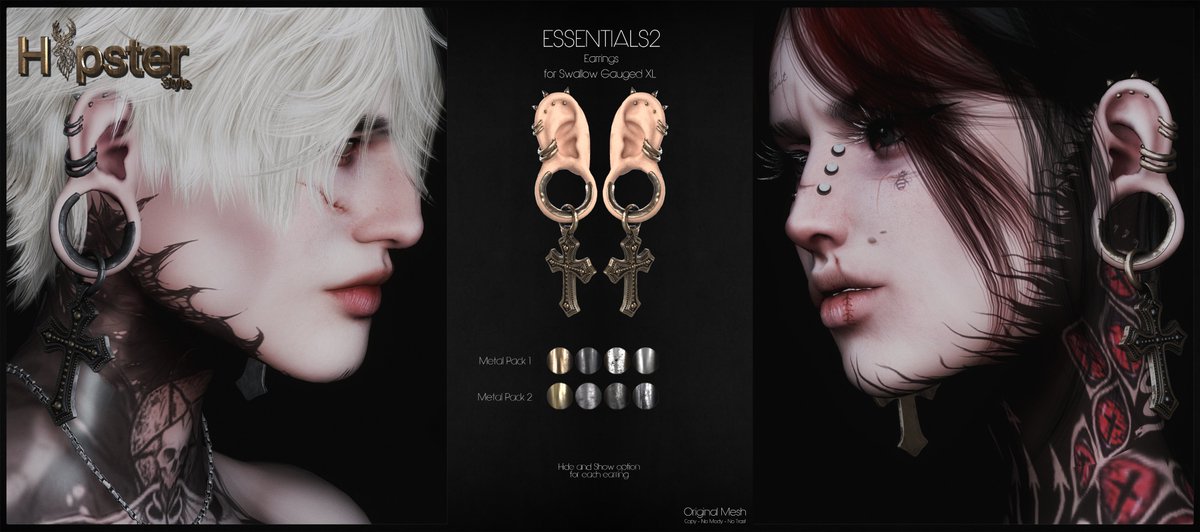 NEW RELEASE available at MANCAVE february round
ESSENTIAL2 earrings is available in 2 different metal pack and for each earring there is option HIDE&SHOW.
#SLShopHop #virtualworld #metaverse #virtualshopping #secondlife #LindenLab #Swallow #earrings #ManCaveSL #SwallowGaugedXL