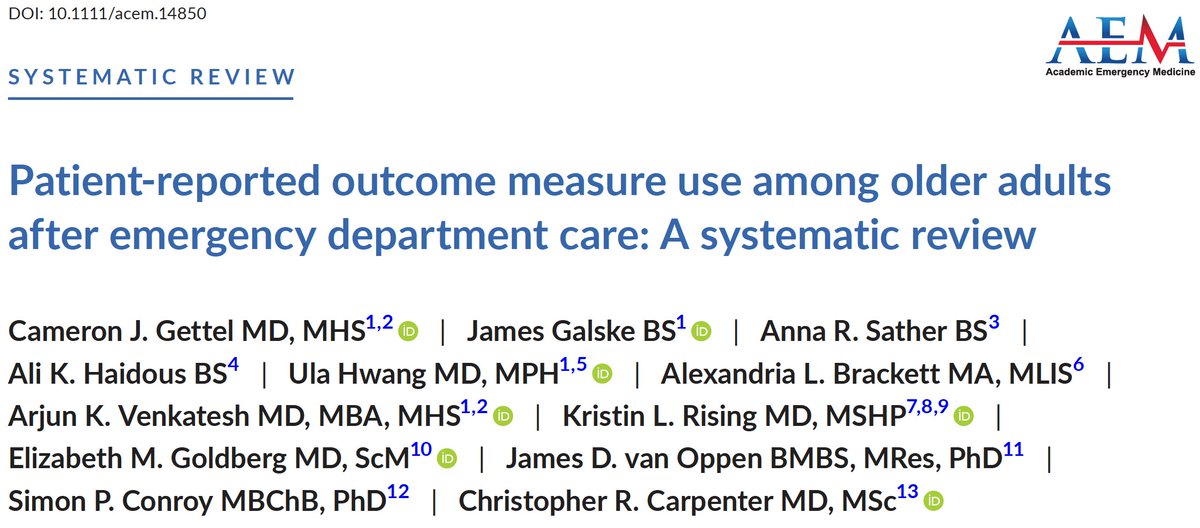 📢How are Patient-Reported Outcome Measures (PROMs) used among older adults after seeking ED care? Check out our team's new @AcademicEmerMed systemic review: bit.ly/49CY1ZF @arjunvenkatesh @ulahwang @RisingKristin @LizGoldbergMD @J_vanOppen @GERED_DOC @SAEMEBM