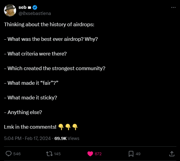 heycape_'s tweet photo. It seems that zkSync is leaning towards adopting a "Point-System," similar to the famous "Arbitrum-Style" Airdrop, but with a twist. 🪂

This system will likely involve a more extensive set of rules or "points," potentially incorporating up to 100s or more data points, a significant increase from Arbitrum's 18 or Optimism's 6.

This indicates that active users can anticipate to receive a notably larger portion of the pie compared to "farmers" managing hundreds of wallets aiming to just hit the min requirements.

In essence, it is highly likely that most, if not all, participants will qualify for the airdrop, with the differing factor being the amount they receive.

---

After extensive research, I have compiled a list of data points with very high potential that are expected to be included in zkSync's upcoming "Arbitrum-Style Airdrop."

Before we dive in, grab a notepad OR a piece of paper, and a pen and keep track of how many of these "points" you managed to hit, and share your results in the comments later below!

Everyone "◽️" = 1 point.

---

✧ zkSync Era:

1. Balance Requirements:
◽️Min. bal over 0.005 ETH on ETH mainnet
◽️Min. bal over 0.005 ETH on zkSync

2. Bridged Activity: (on zkSync)
◽️Bridged into zkSync via Native bridge
◽️Used the Native bridge more than once
◽️Total bridged volume of over $500
◽️Total bridged volume of over $1,000
◽️Total bridged volume of over $10,000

3. Transactions: (on zkSync)
◽️Transactions exceeding $10,000
◽️Transactions exceeding $50,000
◽️Transactions exceeding $250,000
◽️Transactions in 3 distinct months
◽️Transactions in 6 distinct months
◽️Transactions in 9 distinct months

4. Transaction Counts:
◽️More than 10 transactions on ETH mainnet
◽️More than 10 transactions on zkSync
◽️More than 25 transactions on zkSync
◽️More than 100 transactions on zkSync
◽️More than 500 transactions on zkSync

5. Gas Fees Spent:
◽️Paid over $50 in gas fees on zkSync
◽️Paid over $250 in gas fees on zkSync
◽️Paid over $1,000 in gas fees on zkSync
◽️Spend a min of 0.1 ETH worth of gas on ETH mainnet

6. Smart Contract: (on zkSync)
◽️Deployed a Smart Contract
◽️Interact with 10 or more unique smart contracts
◽️Interact with 25 or more unique smart contracts
◽️Interact with 100 or more unique smart contracts

7. NFTs:
◽️Purchase and/or minted an NFT
◽️Own at least 10 NFTs
◽️Own at least 25 NFTs
◽️Own at least 100 NFTs
◽️Hold a partner's NFT (such as Pudgy Penguin)
◽️Hold a Libertas Omnibus NFT

8. Discord Roles & Engagements:
◽️Have The Role: Verified Lv.1.
◽️Have The Role Verified Lv.2
◽️Have The Role: Libertas Omnibus
◽️Have The Role: ZK Success Rookie
◽️Have The Role: ZK Success Intern
◽️Have The role: ZK Success Alumni
◽️Have The Role: ZkStar
◽️Have The Role: zkSync Crew3
◽️Have The Role: Scam Detectives
◽️Have The Role: zkSync Server Booster
◽️In the Discord for over 3, 6, or 9 months
◽️More than 10, 50, or 100 messages

Verified Lv1, Lv2, and Libertas Omnibus Discord roles can be obtained here: https://t.co/Z5IUoBTqU1

9. Wallet Details:
◽️ Wallet age > 100 days
◽️Wallet age > 165 days
◽️Wallet age older than a year
◽️Holding more than 2, 5, or 10 different tokens

10. zkSync Ecosystem and others:
◽️Staked over $100 for a minimum of 3 days
◽️Staked over $1000 for a minimum of 3 days
◽️Staked over $10,000 for a minimum of 3 days
◽️Early zkSync Supporters
◽️Early Ethereum Adopter
◽️Ethereum Stakers
◽️Contributed to zkSync's Github
◽️Contributed to at least one Ethereum repository
◽️Registered for @grvt_io (If not done so: https://t.co/npPAcco14t - limited code "IA8F2ID" FCFS)
◽️Used a Paymaster. (Through @syncswap, @Orbiter_Finance, @HoldstationW or any other supported partners)
◽️@gitcoin Donors to any zkSync project
◽️Arbitrum/Optimism Airdrop Recipient

✧ zkSync Lite:

◽️ Bridged funds into zkSync Lite
◽️Bridged more than 0.1 ETH into zkSync Lite
◽️More than 3 transactions on zkSync Lite
◽️More than 10 transactions on zkSync Lite
◽️More than 25 transactions on zkSync Lite
◽️Conducted Transactions totaling over $100
◽️Conducted Transactions totaling over $500
◽️Conducted Transactions totaling over $10,00
◽️Deployed a contract on zkSync Lite
◽️Minted an NFT on zkSync Lite

Must-do right now for a 2x Multiplier:👀

◽️Bookmark this tweet
◽️Like and retweet.
◽️Follow @heycape_.
◽️Notification on for a 2x Multiplier (optional)

Now, tally up the numbers and share them in the comments below!