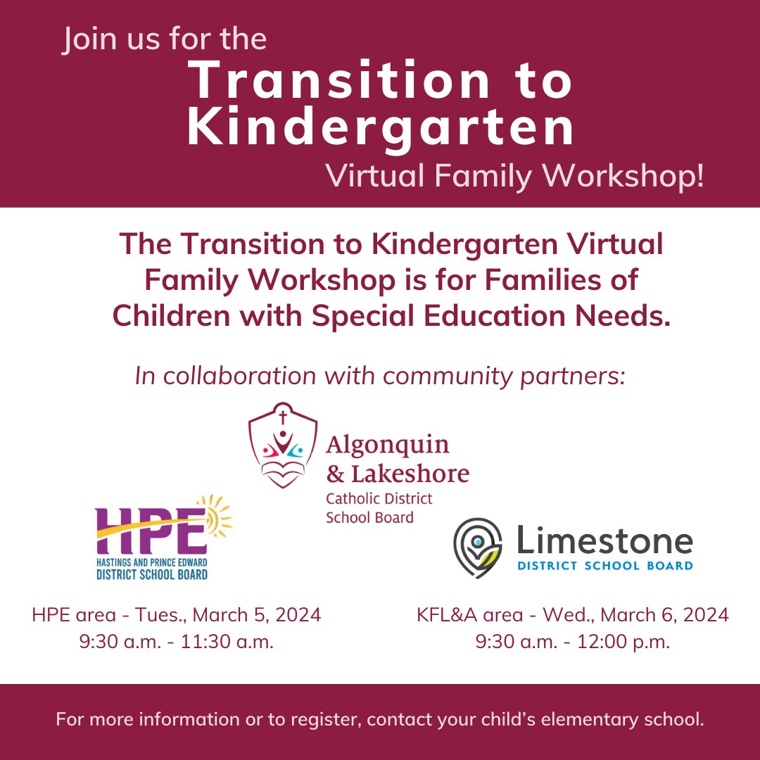 If your student has special education needs and starts school this Sept., the Virtual Family Workshop March 6 will prepare your Kindergarten student for the transition to school. For info and to register contact the elementary school where your Kinder student is registered.