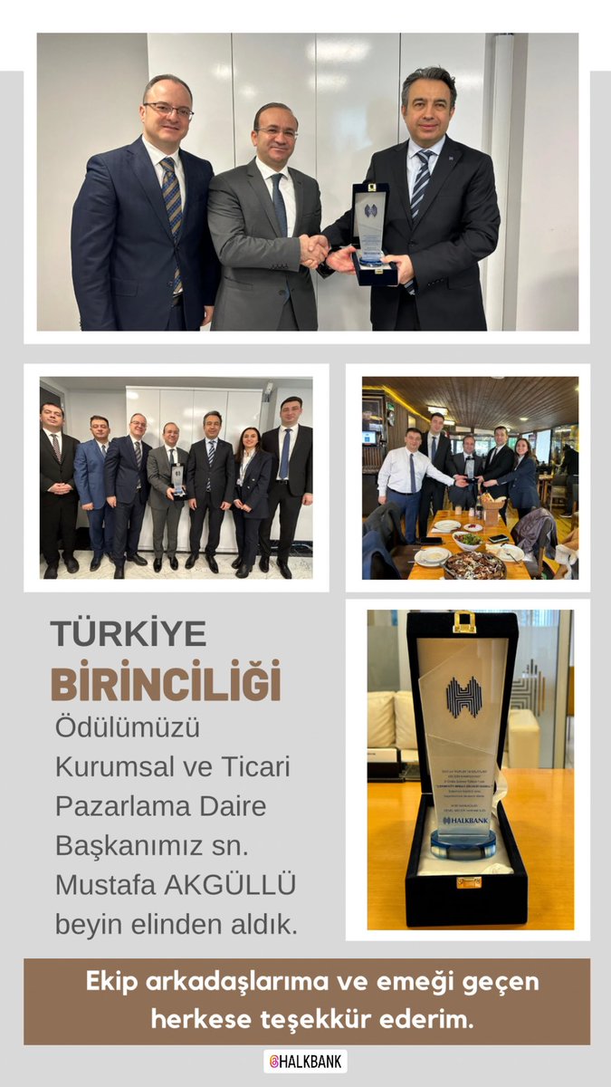 TÜRKİYE BİRİNCİLİLİĞİ ödülümüzü Kurumsal ve Ticari Pazarlama Daire Başkanımız sn. Mustafa AKGÜLLÜ beyin elinden aldık.
Ekip arkadaşlarım başta olmak üzere emeği geçen herkese çok teşekkür ederim.

<a href="/Halkbank/">Halkbank</a> #halkbank #TürkiyeBirinciliği #Kampanya