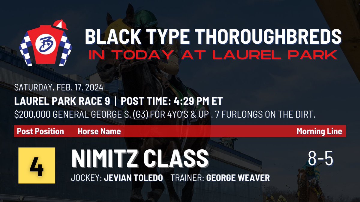 blacktypetb's tweet photo. In today at #LaurelPark: NIMITZ CLASS goes for the G3 General George Stakes at 4:29pmβ¦LFG!!
#BlackType #NimitzClass @JevianToledo https://t.co/HKmPaOXxJs