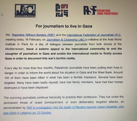 Outer Voices joins with @RSF_inter @IFJGlobal and #Journalism&Citizenship to appeal for pressure to end the slaughter of journalists in Gaza. We honor the work and memory of the 107 journalists killed in the war since October 7, 2023. @DanielEstrin @NPR @pulitzercenter @IWMF