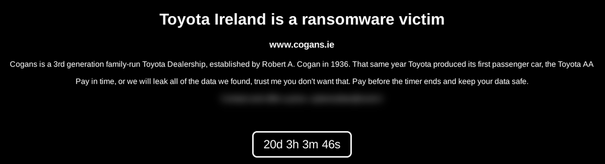 FalconFeedsio's tweet image. We have identified and started monitoring a new #ransomware group titled "Trisec". They have listed Toyota Ireland (cogans.ie) as a victim on their #darkweb portal.

#Trisec #cyberoutlaw
#databreach #threatintel #cyberattack