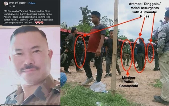 debunkedthelie's tweet photo. That ineptitude meitei CM @NBirenSingh communal policies and partisan roles must be condemned by all. @Paari_Athouba must also join us in calling out the egregious acts of suspending a #Kuki_Zo police for one #innocuous photos with #Kuki_Zo tribal village volunteers guarding their lands while the #inglorious meitei CDOs brazenly fraternising with #MeiteiMilitants were totally ignored. Also, indoctrinated meitei lady propagandists @EnhancingChanu and her #cohorts on twitter must equally demand the immediate suspension of all those meitei police CDOs seen with #MeiteiMilitants and armed radical meitei outfits Arambai Tenggol.
#SuspendShivanandSurve 
#SuspendShivanandSurve
