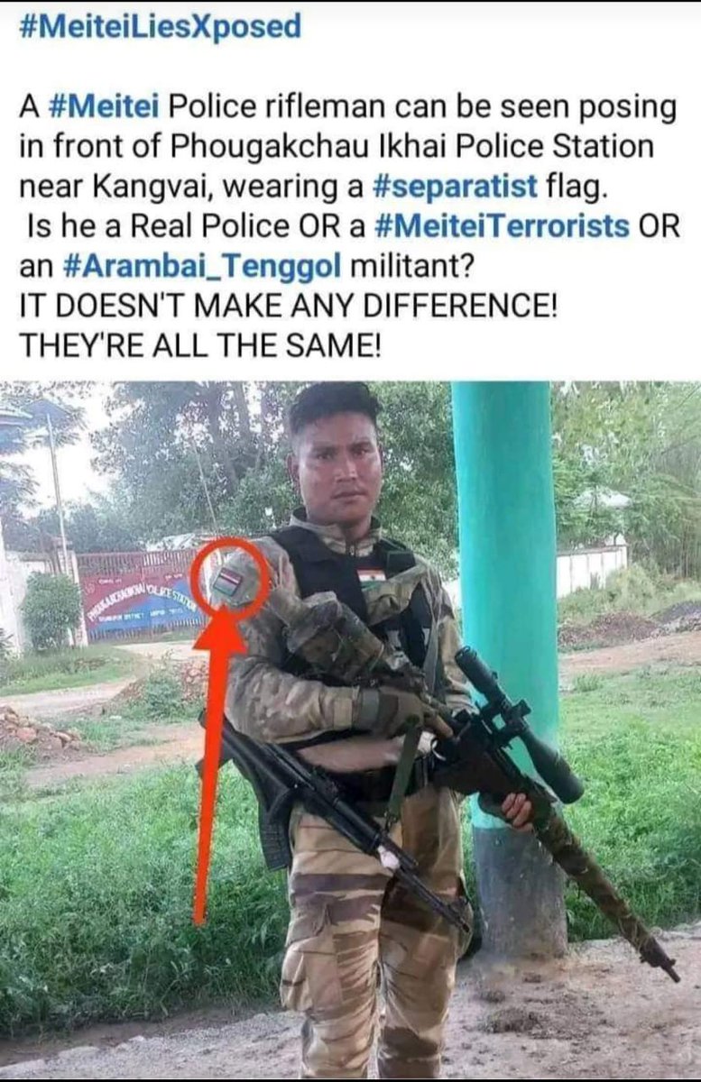 debunkedthelie's tweet photo. That ineptitude meitei CM @NBirenSingh communal policies and partisan roles must be condemned by all. @Paari_Athouba must also join us in calling out the egregious acts of suspending a #Kuki_Zo police for one #innocuous photos with #Kuki_Zo tribal village volunteers guarding their lands while the #inglorious meitei CDOs brazenly fraternising with #MeiteiMilitants were totally ignored. Also, indoctrinated meitei lady propagandists @EnhancingChanu and her #cohorts on twitter must equally demand the immediate suspension of all those meitei police CDOs seen with #MeiteiMilitants and armed radical meitei outfits Arambai Tenggol.
#SuspendShivanandSurve 
#SuspendShivanandSurve