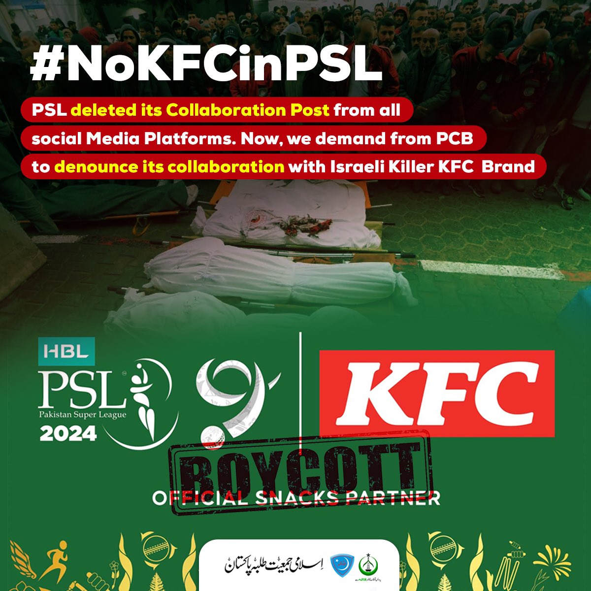 Pakistan Super League @thePSLt20 has deleted its Collaboration Post from all social media Platforms. Now, we demand from @TheRealPCB to denounce its collaboration with Israeli Killer KFC Brand. #NoKFCinPSL #BoycottPSL