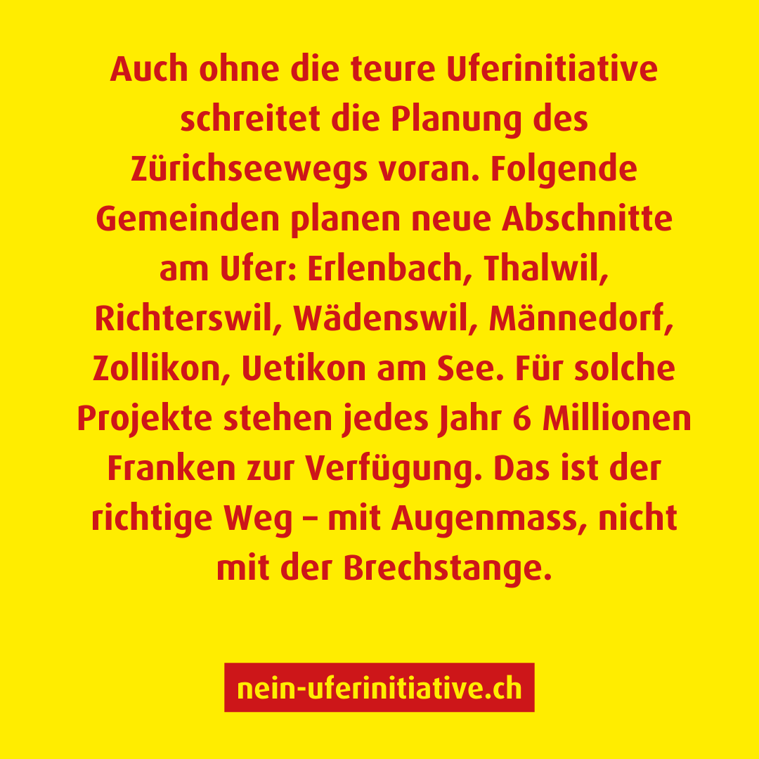 Ganz ohne teure Uferinitiative und ohne Brechstange schreiten zahlreiche Projekte für besseren Seezugang voran. Dies ist der richtige Weg.

#Züriseegnüsse
#Uferinitiativenein
