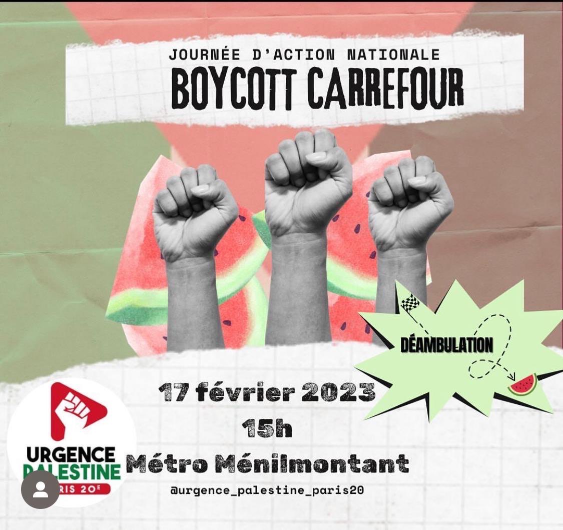 Merci à toustes ! Une belle action #boycottcarrefour ce matin avec @sdlt_idf !
RDV à 15h au métro Ménilmontant pour une déambulation appelée par @urgence_pal