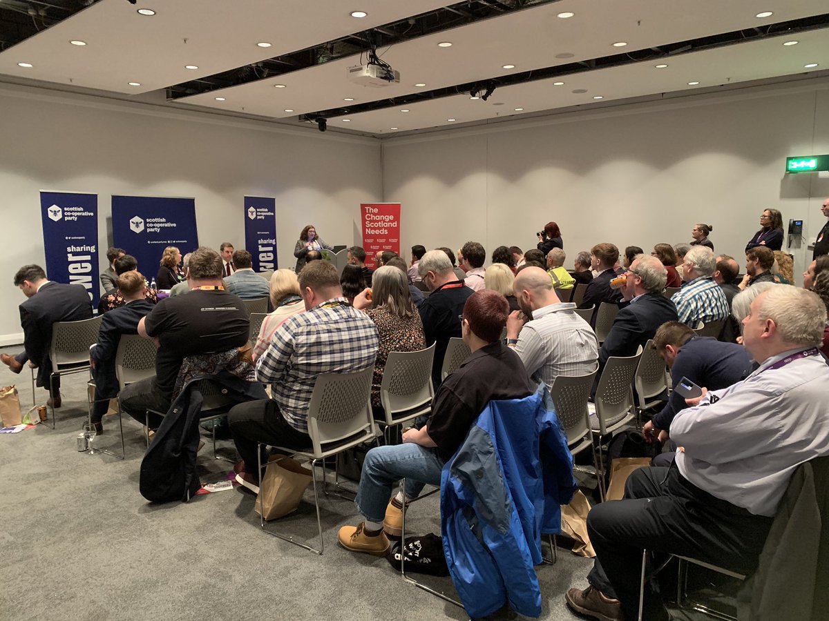 Lucy_Exmoor's tweet photo. Up at #ScotLab24.  Popped into the standing room only @ScotCoopParty #AmbitionforChange lunchtime event.  
Hearing about co-operative solutions for economic growth.  Practical and progressive. https://t.co/gXhzoIP0hi