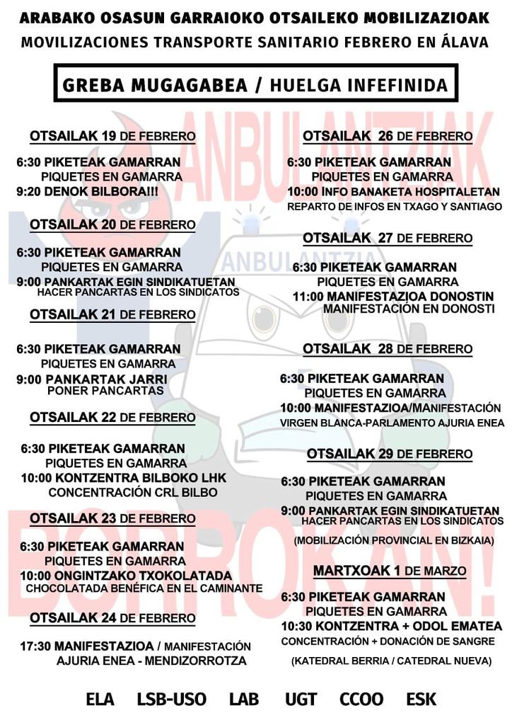 Otsailaren 19tik aurrera EAEko osasun garraioan greba mugagabea.
Eutsi!
🚑✊
-----
A partir del 19 de febrero huelga indefinida en el sector del transporte sanitario en la CAV.
✊🏻✊🏼✊🏽✊🏾✊🏿

#AnbulantziakBorrokan