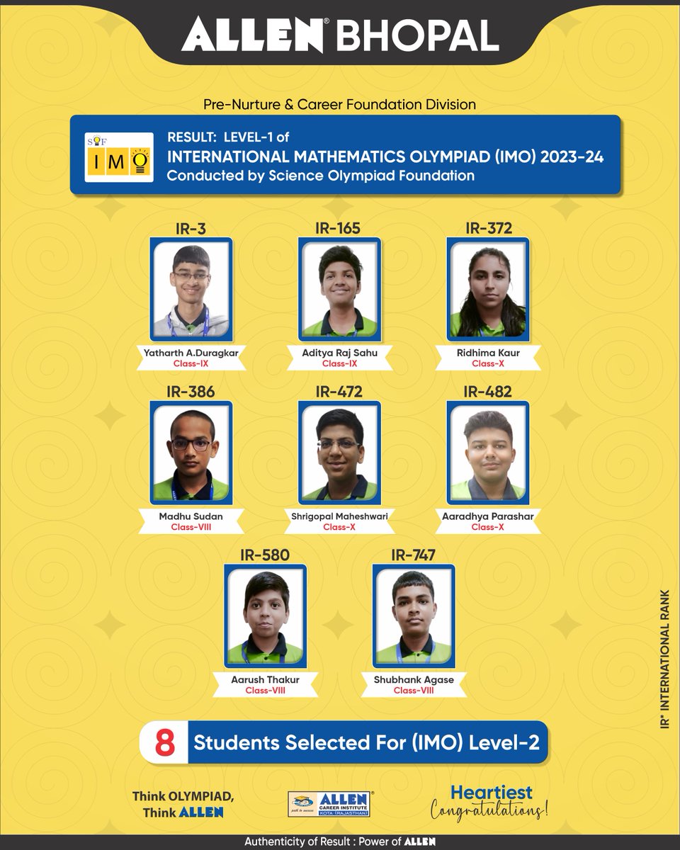 AllenBhopal's tweet photo. 🔊 #ALLENBhopal PNCF Result - International Mathematics Olympiad (IMO) Level-1 2023-24. 
#IMO is an International level Olympiad based on Mathematics which is organized by Science Olympiad foundation 
 🏆 Total 8 classroom Students have Qualified for level-2
#ALLENMadhyaPradesh https://t.co/4XtfKwVmNI