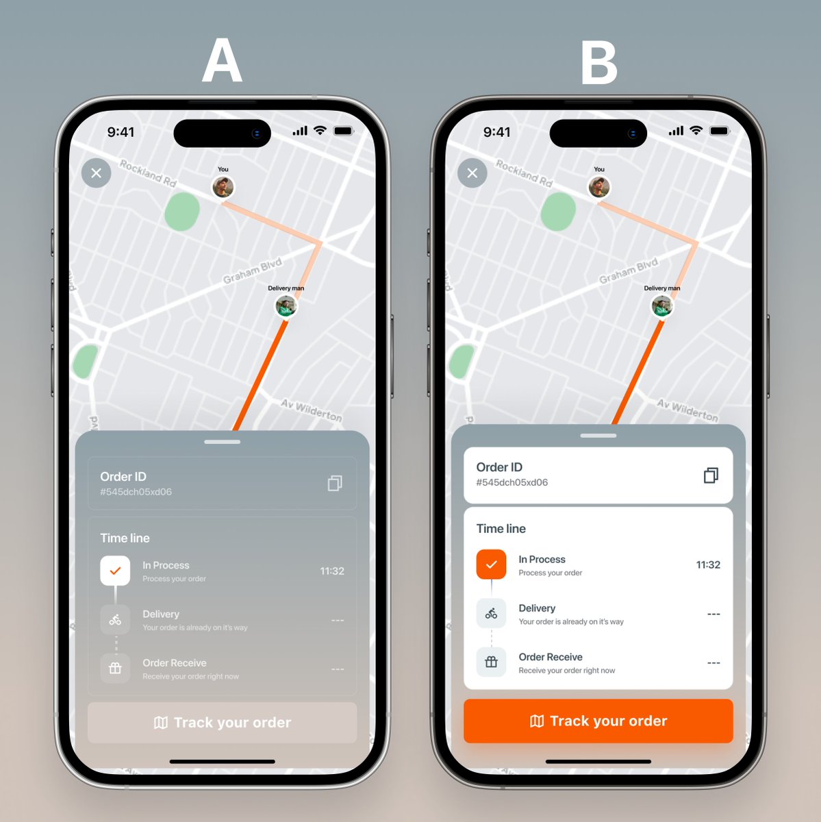 AI Mobile App ✨🪄 Ordering Tracking UI Which one you like A or B? Please share your Feedback?