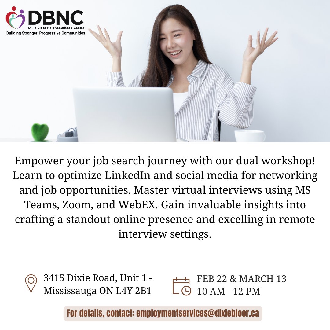 DBNC has a FREE dual workshop on #LinkedIN and #VirtualInterviews!

You won't want to miss this one. Swipe to learn more about what will be covered and register today!

Dates: February 22 and March 13, 2024
Time: 10:00 a.m. to 12:00 p.m.

#myDBNC #employment #findajob