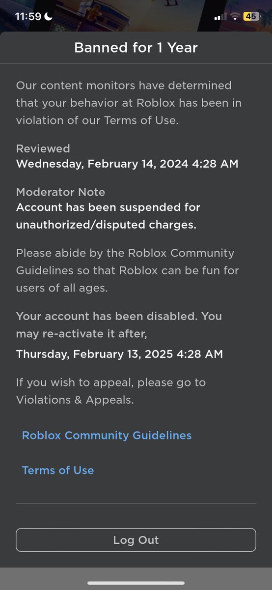 Joey2001Joe's tweet photo. #Roblox 
I’ve joined the club
Account has been suspended for unauthorized/disputed charges. https://t.co/5VxD2ci62s