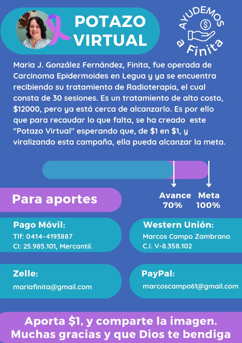 mariafinita's tweet photo. ¡Buenos días! Mi familia  inicia este #PotazoVirtual  con #LaborSocial para recaudar fondos #Radioterapia, dado que esta semana debo abonar según lo acordado. A mis Amigos X les pido, de todo corazón, me ayuden, si pueden aporten $1 y reposteen. ¡Feliz y bendecido fin de semana! https://t.co/I1ezABG2L3