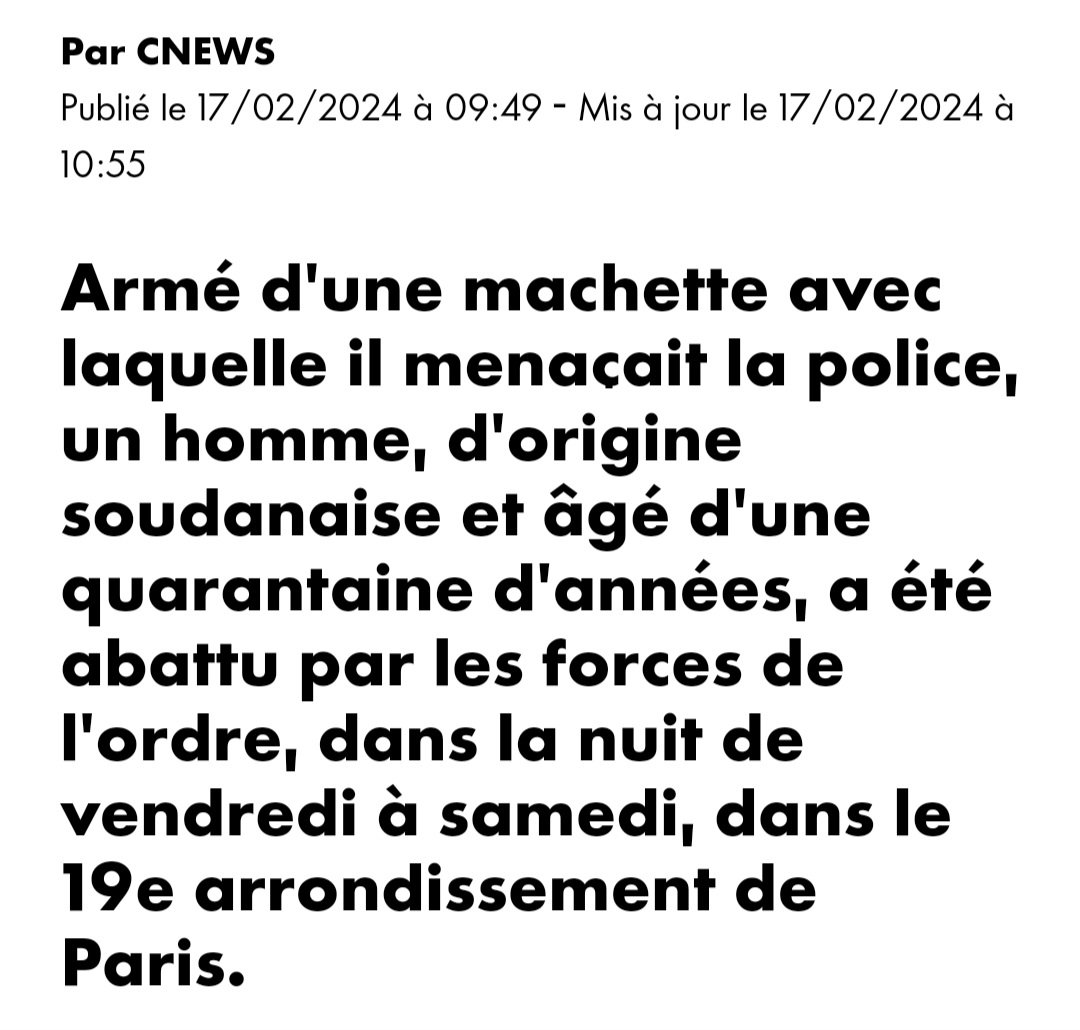 Paris: homem sudanês abatido.
Fez frente à polícia com uma CATANA; objecto que nos acompanha no dia-a-dia, com uma utilidade insubstituível (aviso que esta última frase é irónica).
A polícia francesa está a ficar sem paciência. Pudera, todos os dias há catanas e facas à solta!