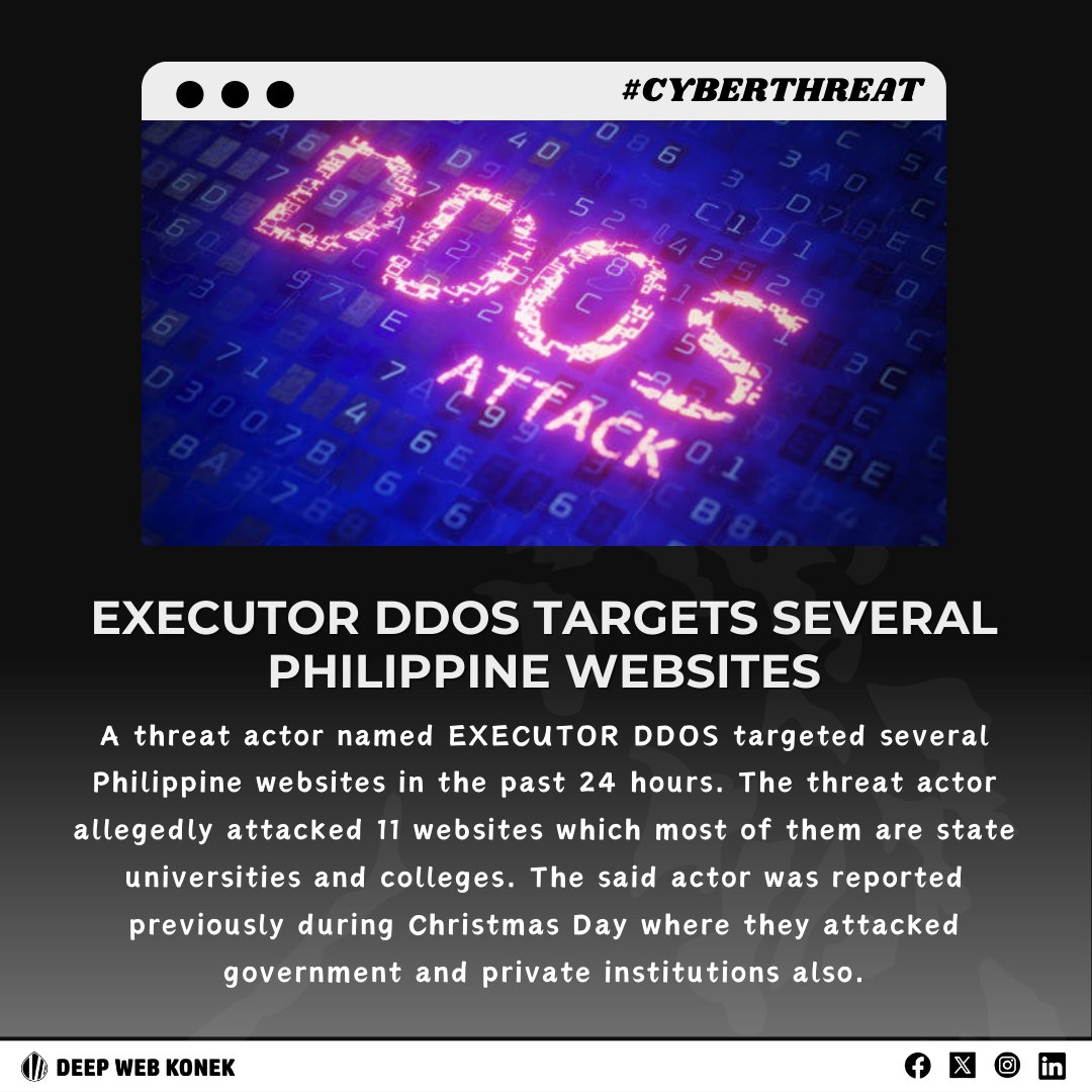 A threat actor known as EXECUTOR DDOS has targeted several Philippine websites in the past 24 hours. The threat actor allegedly attacked 11 websites, most of which are state universities and colleges. 1. Central Philippine University 2. Xavier School San Juan 3. City of Taguig