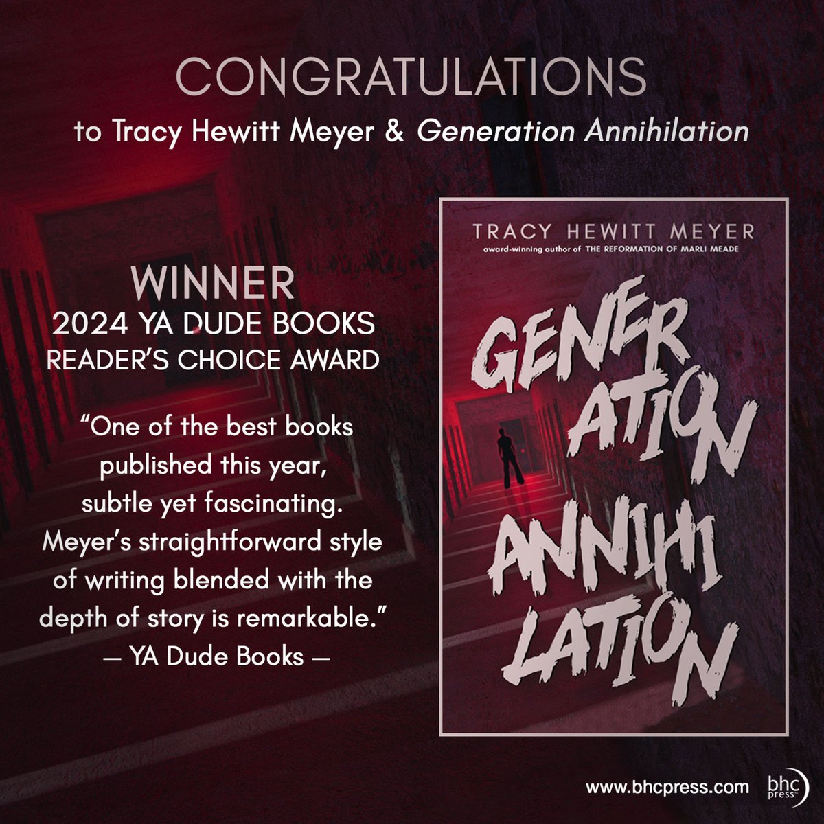 Congratulations on the award @TracyHMeyer! It's well-deserved! To celebrate, #GENERATIONANNIHILATION is on sale through 2/29. Print is 10% at BHC Press & the ebook is $5.99 at all major ebook retailers: buff.ly/3m2jbgy #BHCPress #awardwinningbooks #YAFiction #TeenHorror