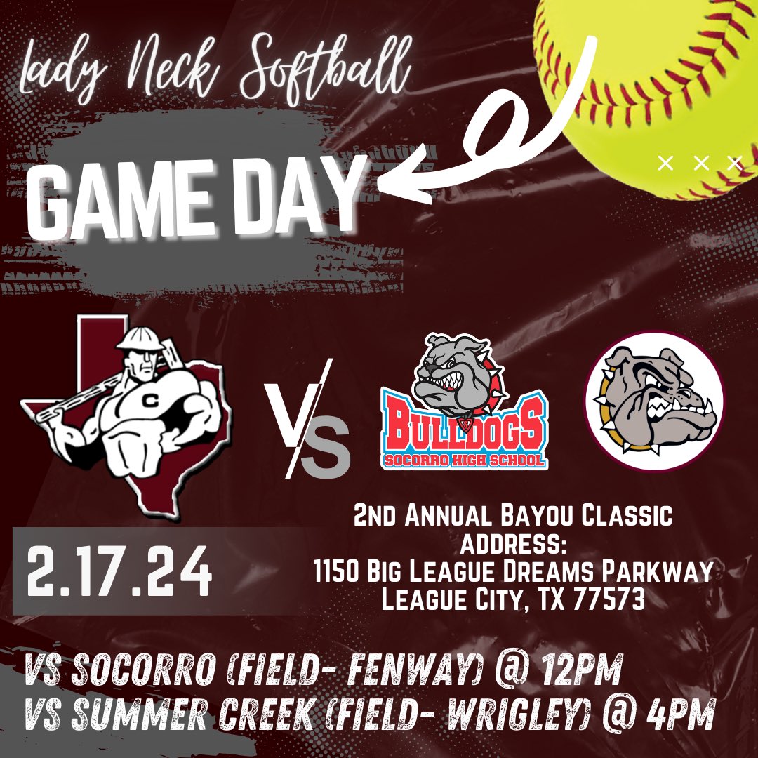 IT’S GAME DAY! 

Come out and support your Lady Necks in their final day at the 2nd Annual Bayou Classic as they take on Socorro at 12:00pm and Summer Creek at 4:00pm! 

Game vs Socorro @ 12pm - Field Fenway 
Game vs Summer Creek @ 4pm - Field Wrigley
<a href="/CHSAthl/">Columbia Athletics - Ride For The ‘C’</a> <a href="/CBISDTx/">Columbia-Brazoria</a>