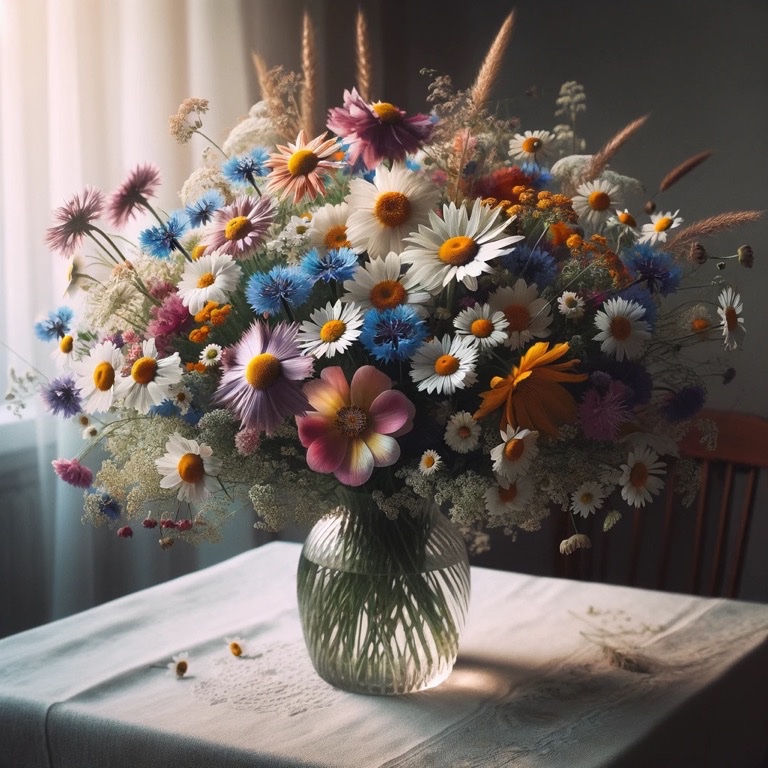 Spulga's tweet photo. @jtaurens ChatGPT prompt=“Generate image of Midsummer flowers of Latvia in vase” https://t.co/e62xgRjoCK