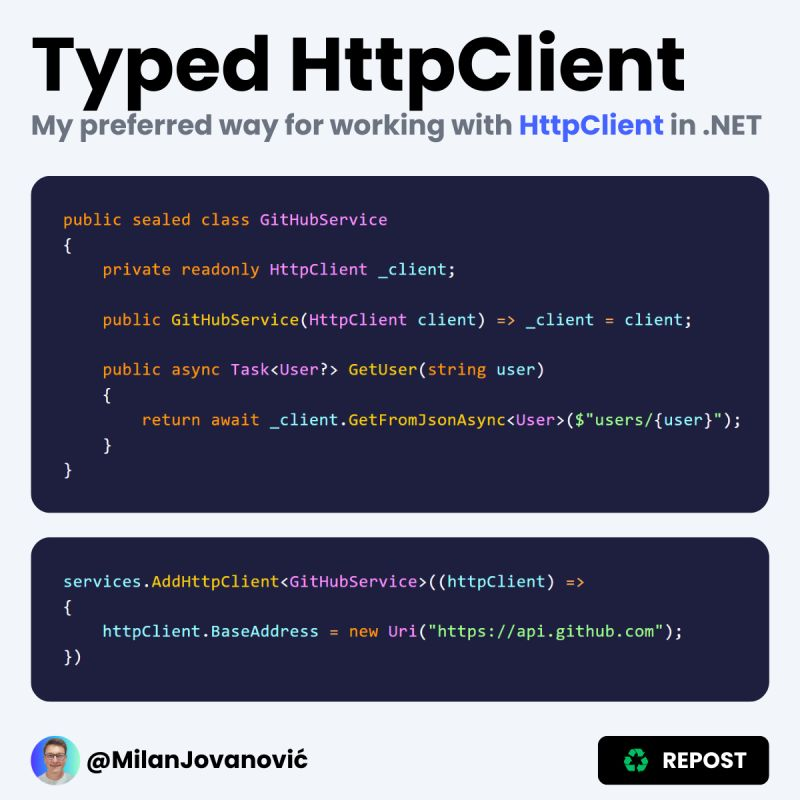 mjovanovictech's tweet photo. Here are 4 ways you can use the HttpClient in .NET:

- Create an instance every time (bad)
- Use the IHttpClientFactory (better)
- Use a named HttpClient (great)
- Use a typed HttpClient (also great)

So, what is the best approach?

I can tell you what I prefer using - typed clients.

And sometimes I will even go for Refit.

The simplest way to work with the HttpClient is to create a new instance every time.

But this is susceptible to port exhaustion.

I created a complete guide for how to use the HttpClient in .NET.

Read it here: https://t.co/8YBI1ru2hr

---

P.S. If you liked this, consider joining The .NET Weekly - my newsletter with 41,000+ engineers that teaches you how to improve at .NET and software architecture.

Subscribe here → https://t.co/lQs9X4ci61