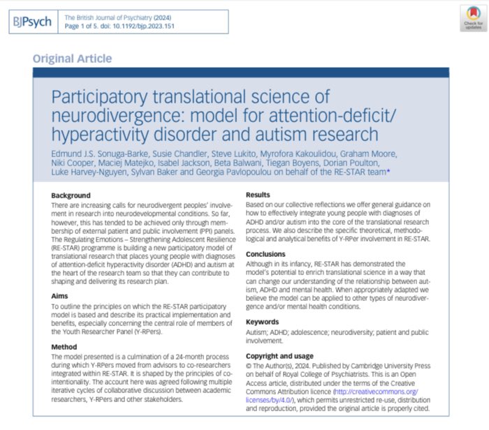 Proud to have played a small part in this paper from the RE-STAR project, which presents a new model for translational science with autistic young people and young people with ADHD. cambridge.org/core/journals/…