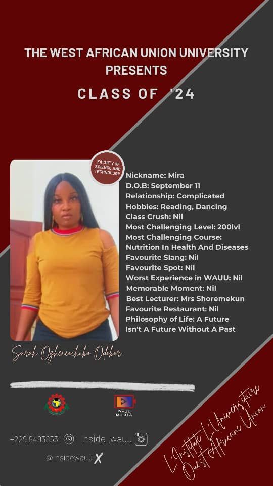 InsideWauu's tweet photo. Meet Class of '24....Sarah Ogheneochuko aka Mira
#greatwauuite #wearewauu https://t.co/C3DlnK88b7