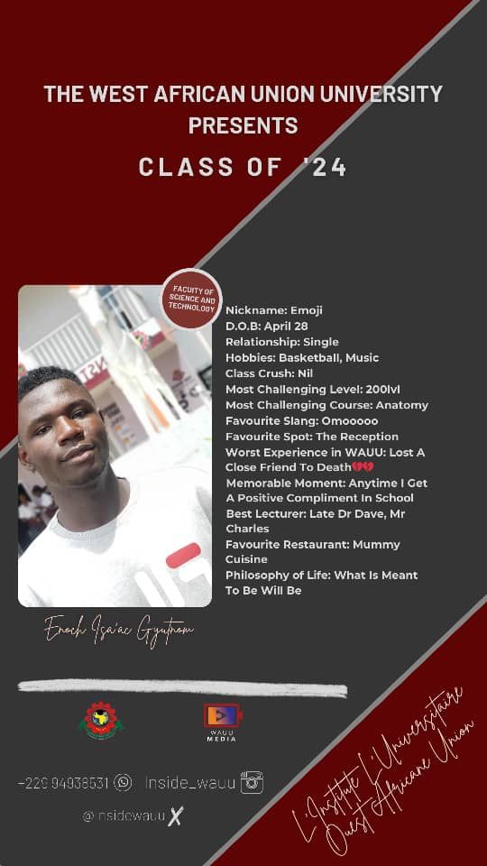 InsideWauu's tweet photo. Meet Class of '24.....Enoch Isaac.....aka Emoji👑👑. Funny, Sporting (of course, captain of WAUU Basketball Team). Finalist
#wearewauu #greatwauuite https://t.co/BRUMXTFZNl
